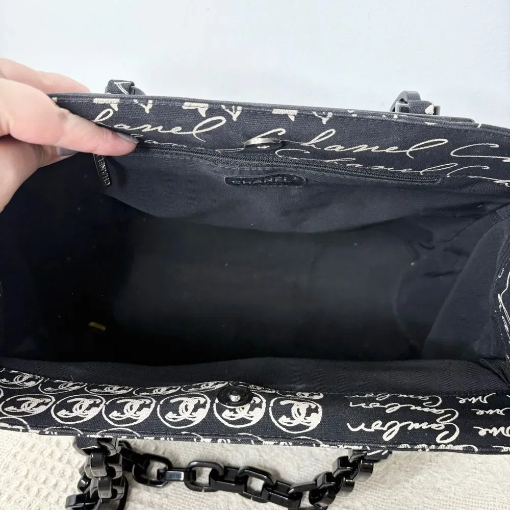 Y2K Vintage CHANEL Canvas Camellia Flower Tote Authentic Acrylic Chain Strap
